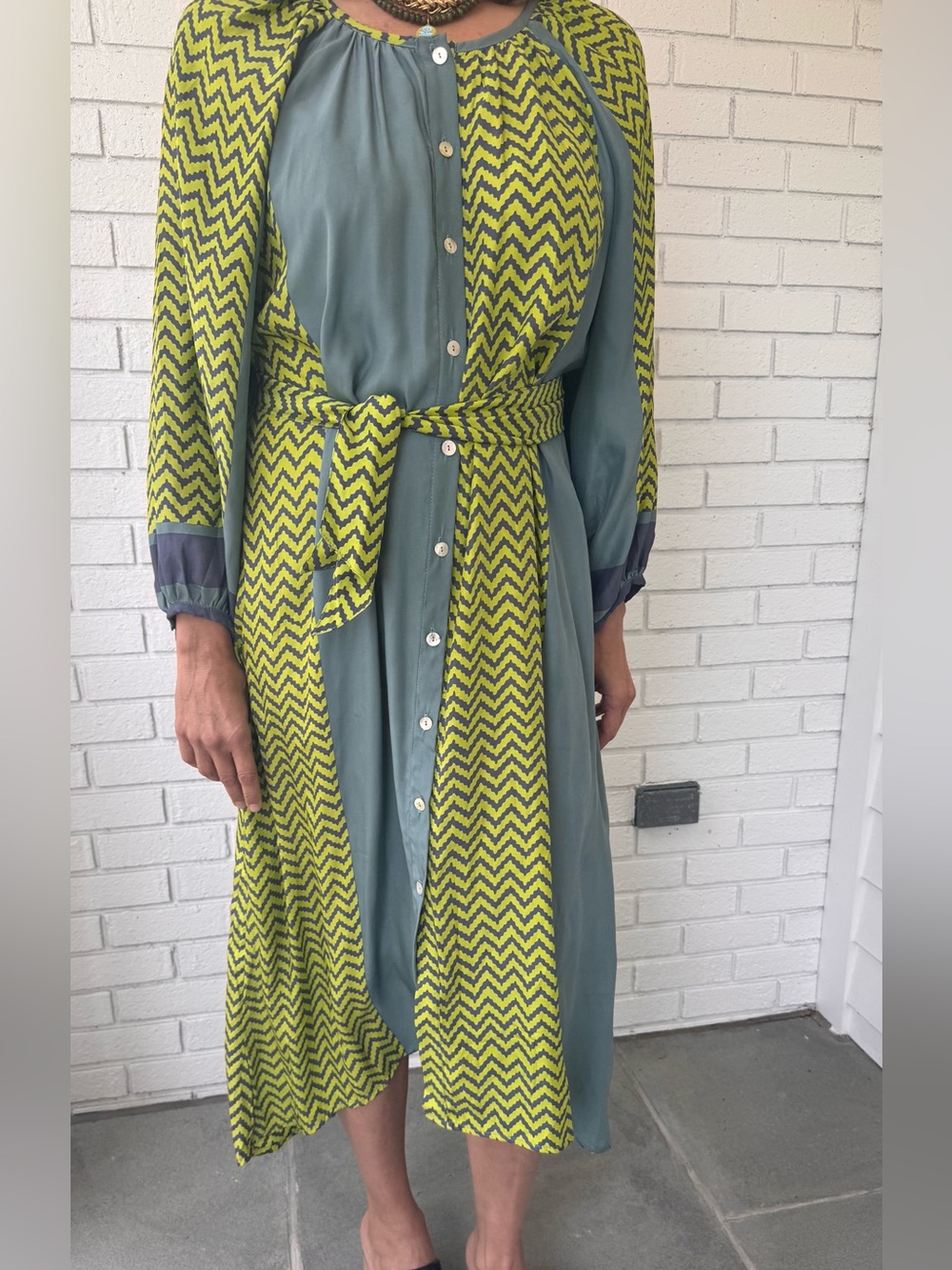 Natalie Martin 100%Silk Midi Dress – Teal, Green & Blue Chevron Print | Size Med